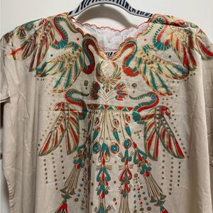 Embroidered Boho Tunic in Cream with Turquoise & Red Accents linen made in Egypt